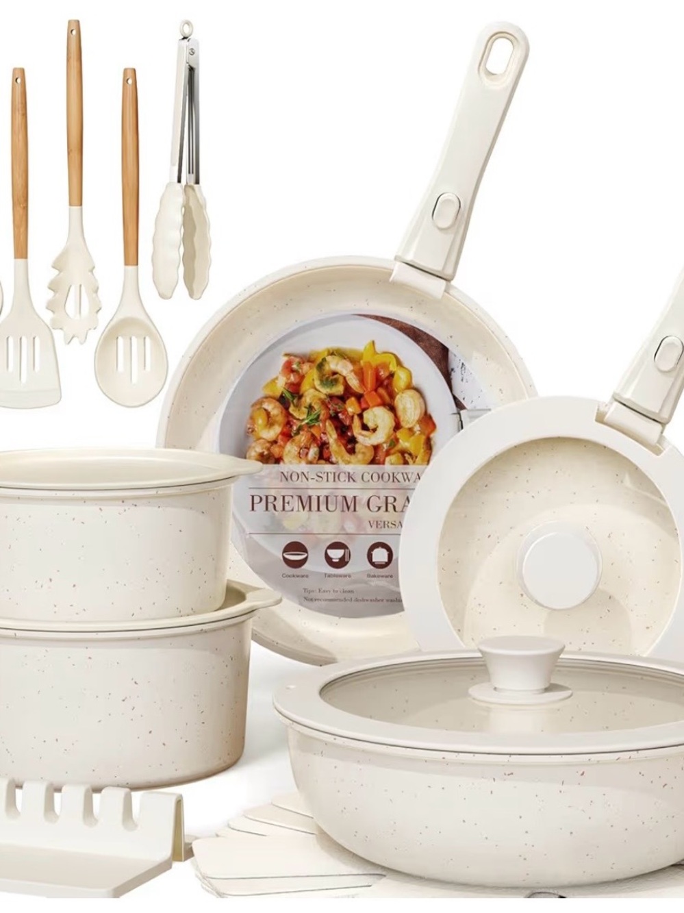 Astercook Premium Non-Stick Ceramic Cookware Set - Cream, Detachable handles